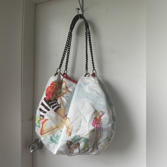 DSW Reversible Purse Bag Black Striped Lady Tree Walking Dog Couple Park Bench - Picture 6 of 13